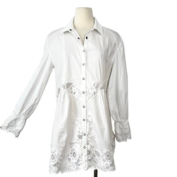 Free People Constance Mini Dress Embroidery Button-Up Long Sleeve Cotton White M - Picture 1 of 14